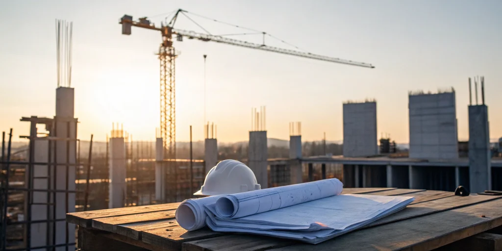 Hard hat and blueprints on a construction site, a project dependent on construction loan rates.