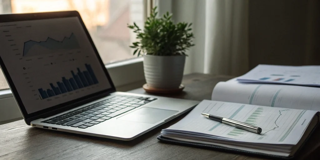 A founder researches a business line of credit for startups using a laptop and financial reports.