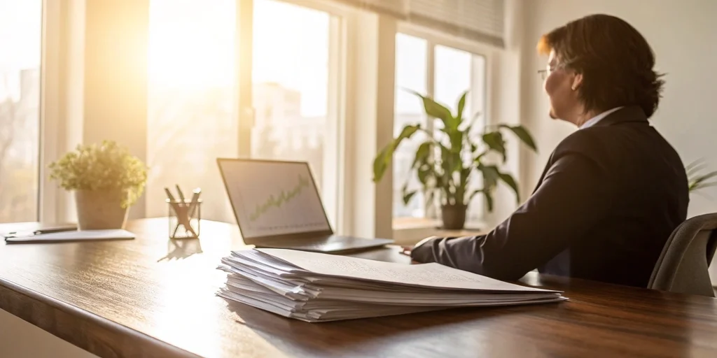 Businessperson comparing commercial loan rates on a laptop with financial documents.