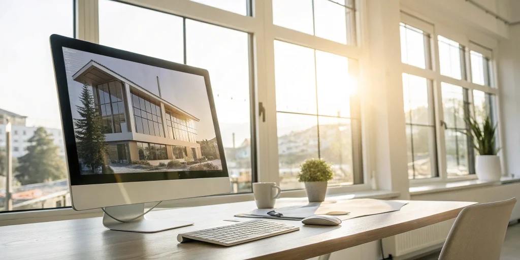 Calculating a commercial property loan payment on a laptop in a professional office setting.