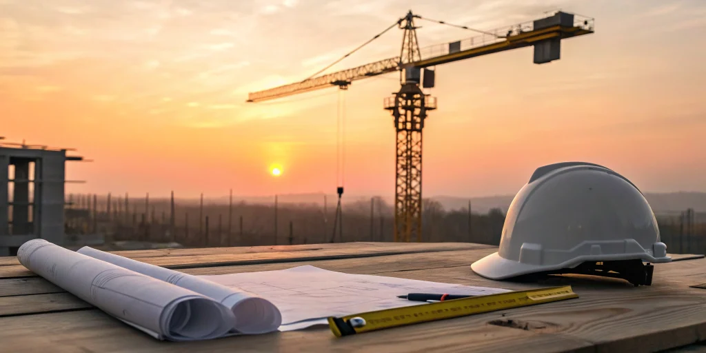 A new construction loan project site with blueprints, a hard hat, and a crane at sunset.
