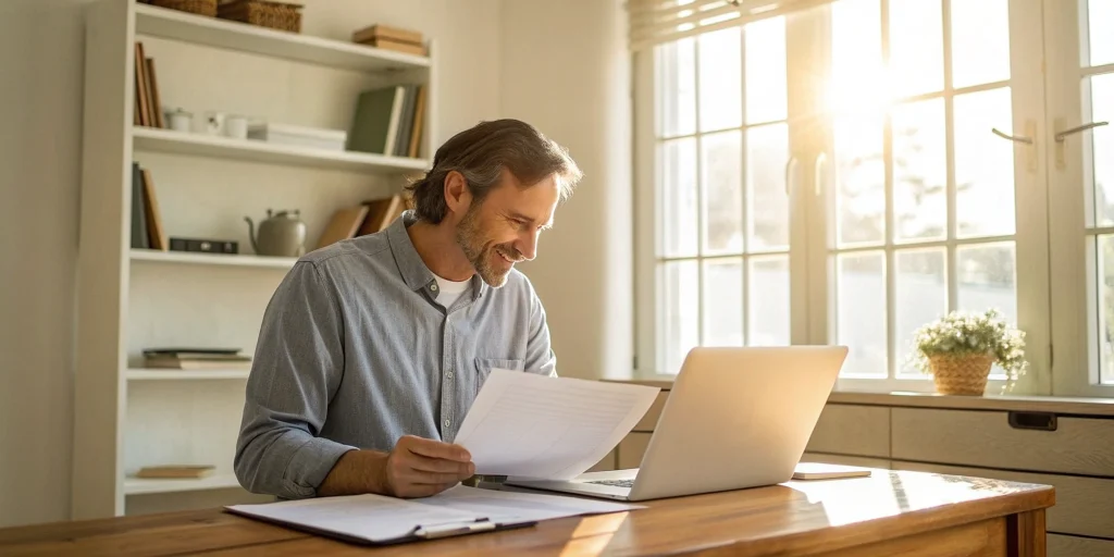 A founder researching revenue-based financing on a laptop.