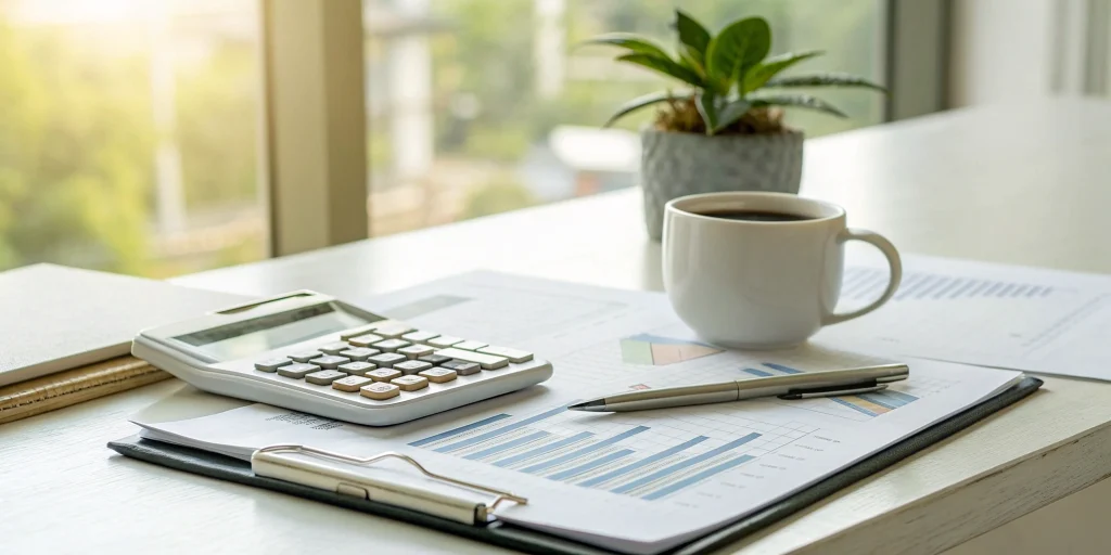 A calculator and financial charts on a desk for analyzing current commercial loan rates.